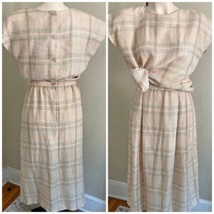 Vintage Michelle Stuart Linen Blend Textured Plaid Two Piece Set Beige Small M